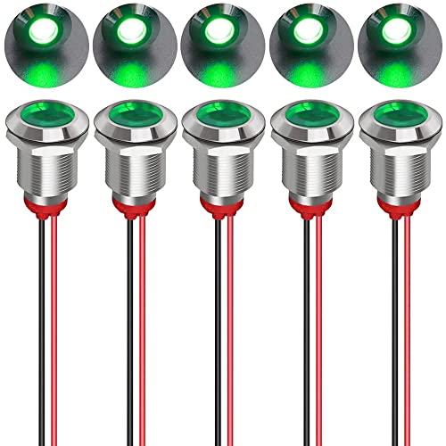 Gebildet 5pcs 12mm 12/24V DC LED Metal Indicator Light Waterproof Signal Lamp Pilot Dash Directional Car Truck Boat with Wire(Green)