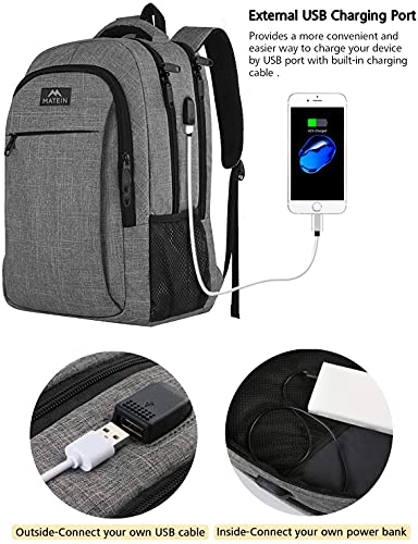 MATEIN Travel Laptop Backpack, Work Bag Lightweight Laptop Bag with USB Charging Port, Anti Theft Business Backpack, Water Resistant School Rucksack Gift for Men and Women, Fits 15.6 Inch Laptop, Grey