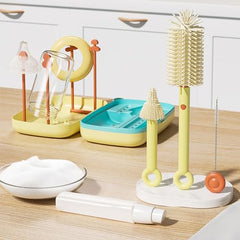 Bebamour Travel Baby Bottle Brushes for Cleaning 6 in 1 Portable Silicone Bottle Brush, Nipple Cleaner Brush, Straw Brush, Soap Dispenser and Bottle Drying Rack, Yellow