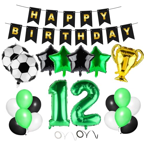 Football Balloon 12 Birthday Decoration Green 12th Birthday Decoration Boys Happy Birthday Garland Deco Balloons for Kids Boy Birthday Party Football Deco (12th)