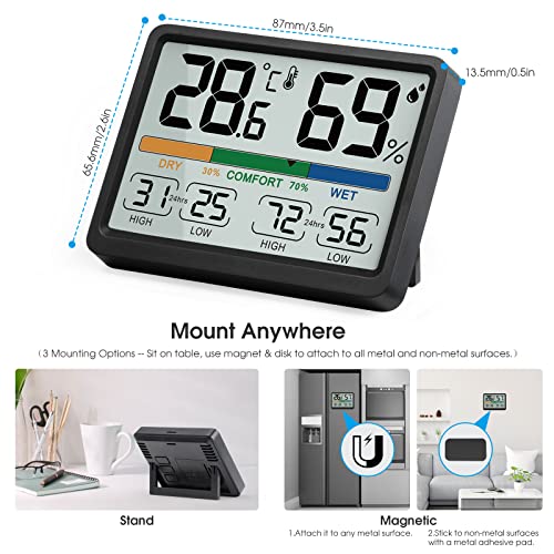 Humidity and Temperature Monitor - AIMILAR Digital Indoor Thermometer with High Low History, ℉ / ℃ Selectable, Easy to Use, Calibrate-able, Magnetic Option and Clear Display