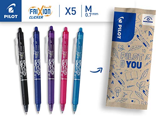 PILOT FriXion Clicker 0.7 - Pack of 5 - Colours Blue/Black/Pink/Light Blue/Purple - Erasable Refillable Gel Rollerball Pen with Retractable Mechanism and Thermosensitive Ink, Medium Tip