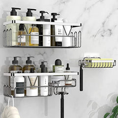 Kegii Shower Caddy Organiser with Soap Holder, Shower Shelf No Drilling, Adhesive Shower Storage Kitchen Rack, Bathroom Shower Accessories Tidy, Stainless Steel, Silver, 3 Pack