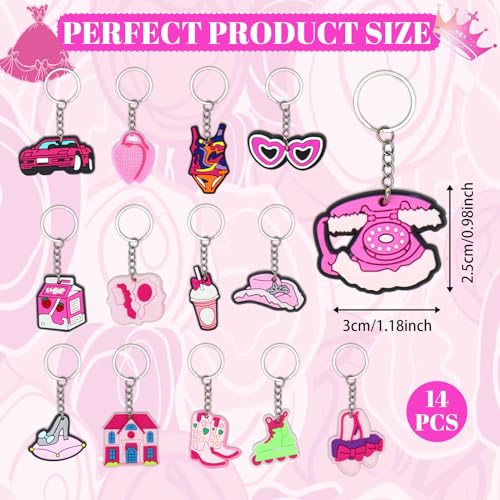 14 Pcs Barb_ie Keyring for Kids, Pink Series Keychain Pendant Theme Party Bag Filler, Ideas Presents Party Favors for Boys Girls Birthday Party Supply