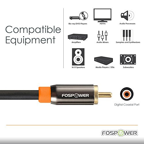 FosPower Digital Audio Coaxial Cable (0.9M/3FT), [24K Gold Plated] Single Coaxial Phono Cable for S/PDIF Digital Audio, Composite Video Cable, Home Theater, HDTV, Subwoofer, Hi-Fi Systems