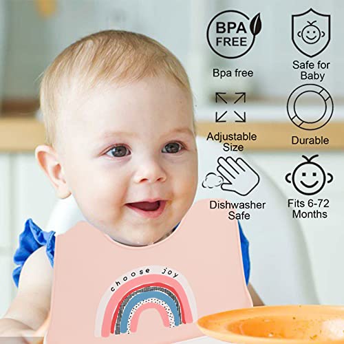 FILOWA Baby Bibs Silicone,3 PCS Baby Weaning Bibs Waterproof Feeding Bibs Soft Baby Bibs Food Wide Catcher Pocket Easily Wipe Clean Adjustable Machine Washable Bibs for Toddler infant Kids Girls,Pink