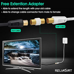 RELIAGINT TV Aerial Cable 1m – Pure Copper TV Coaxial Cable with Dual Shielding for Strong Signal – Straight to Straight – Female-to-Female Adapter Included – Fire-Resistant Aerial Connectors