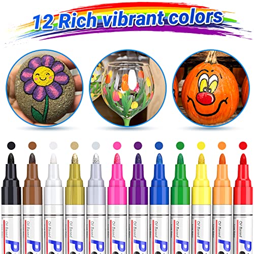 STANBLUE 12 Colors Paint Pens Paint Markers, Permanent Waterproof Paint Pen Oil Based Paint Marker Pens Set for Rocks Painting, Metallic Wood Fabric Plastic, Canvas Glass Mug, DIY Craft