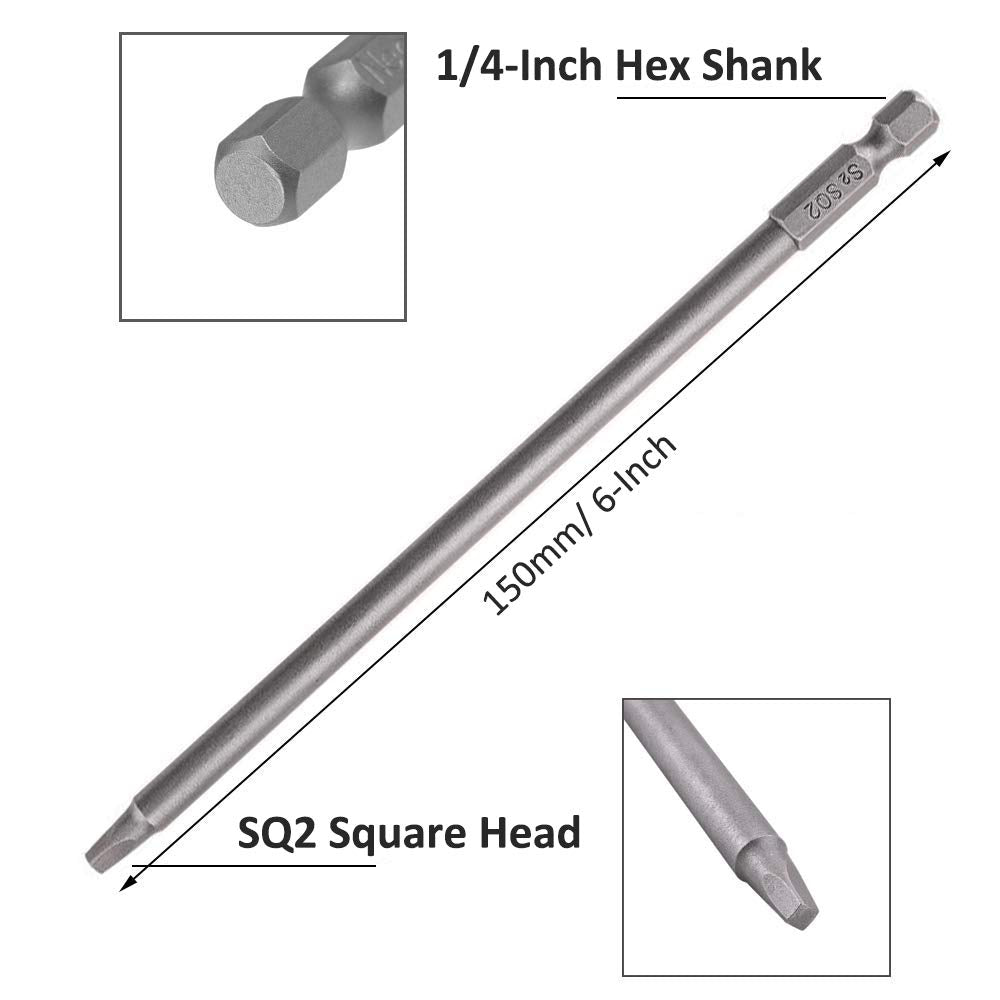 Gasea 10pcs 150mm 1/4 inches Hex Shank Long Magnetic Square Head Screwdriver Bits Square Drive Bit Set (SQ2)