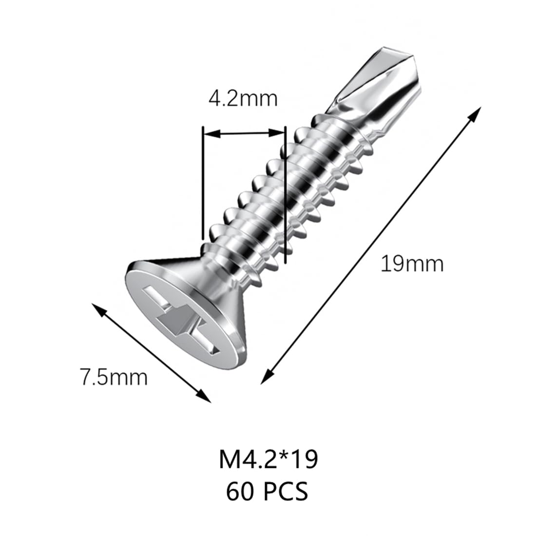 60 PCS Stainless Steel Self Drilling Self Tapping Metal Screws for Iron Sheets, Furniture, Steel Tiles (M4.2 * 19mm)