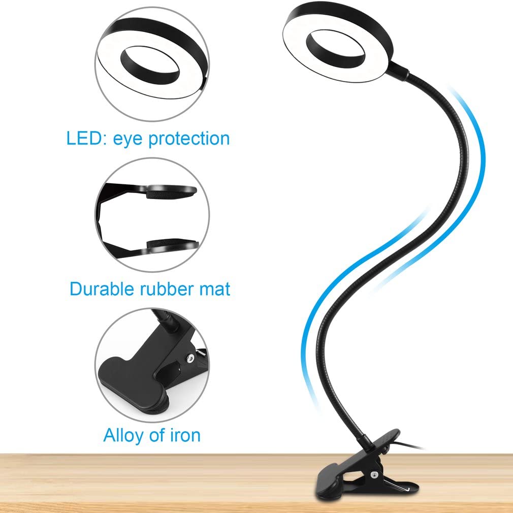 Bestyks USB LED Desk Lamp Clip On Light, Clip on Reading Light 48 LED 3 Light Mode 10 Dimmable Brightness, 360° Flexible Gooseneck Clip Lamp for Reading Studying Headboard Bedroom Lighting (Black)