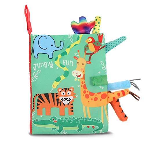 SOSPIRO Baby Cloth Books Quiet Book for Toddlers Soft Baby Books with 3D Animal Tails Safe Nontoxic Early Learning Babies First Books Gifts for 0-3 Year Old Toddlers(Jungle)