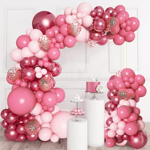 Retro Pink Balloon Arch Kit, 106pcs Rose Gold Pink Balloon Garland, Hot Pink Party Balloon with Pink Confetti Balloon for Woman Girl Birthday Decoration, Bridal Shower, Baby Shower, Wedding Engagement