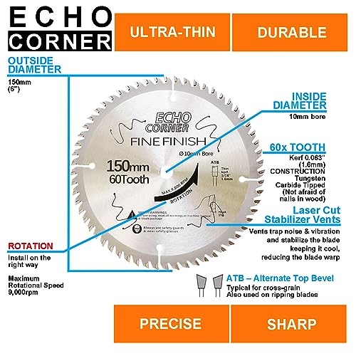 Echo Corner 150mm Circular Saw Blade, 10mm bore 60-Tooth, Fine-Finish Crosscut Framing Wood Plywood MDF Plastic Veneer Laminate