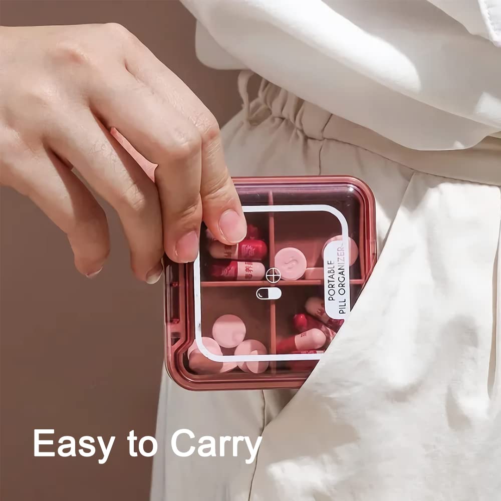 Small Pill Box, BPA Free Pill Case with 4 Large Compartmensts to Hold Vitamins, Moistureproof Portable Pill Box Organiser for Travel (Deep Red)