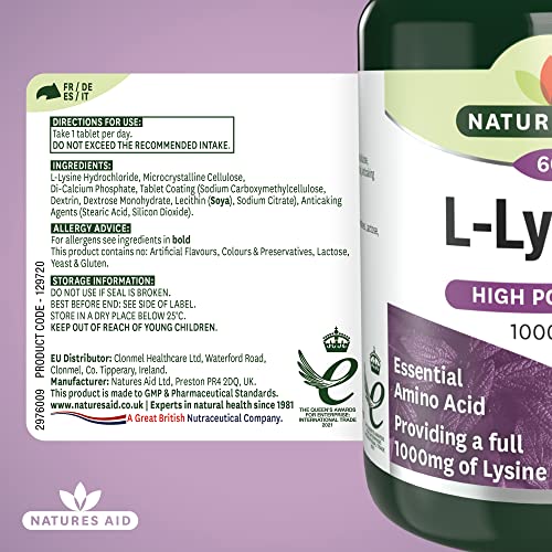 Natures Aid L-Lysine 1000 mg, High Potency Essential Amino Acid, Vegan, 60 Tablets