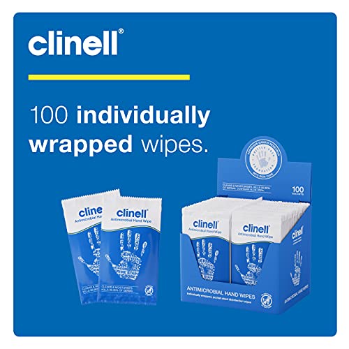 Clinell Antimicrobial Hand Wipes - Sanitising Wipes, Ideal for Travel - Dermatologically Tested, Kills 99.99% of Germs - Pack of 100 Sachets