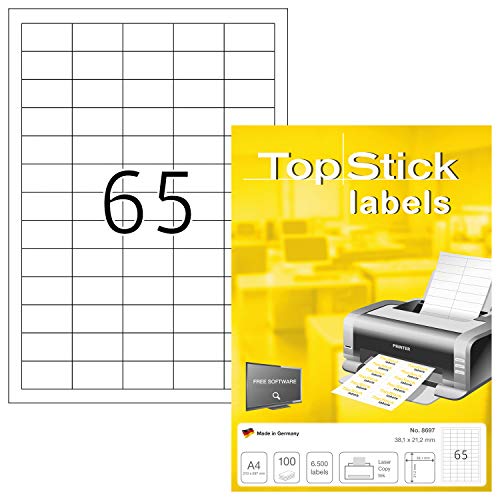 TopStick 8697 Multi-Purpose Labels, 65 Labels Per A4 Sheet, 38.1 x 21.2 mm, 6500 Labels, Self Adhesive, Small Stickers for Laser and Inkjet Printers, White