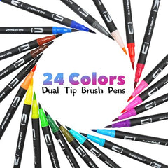 Halobios Dual Tip Brush Pens, Art Supplies Colouring Pens Set for Kids Colouring Books, 24 Colours Felt Tip Pens Art Markers for Design, Drawing, Painting, Sketching, Calligraphy, Lettering