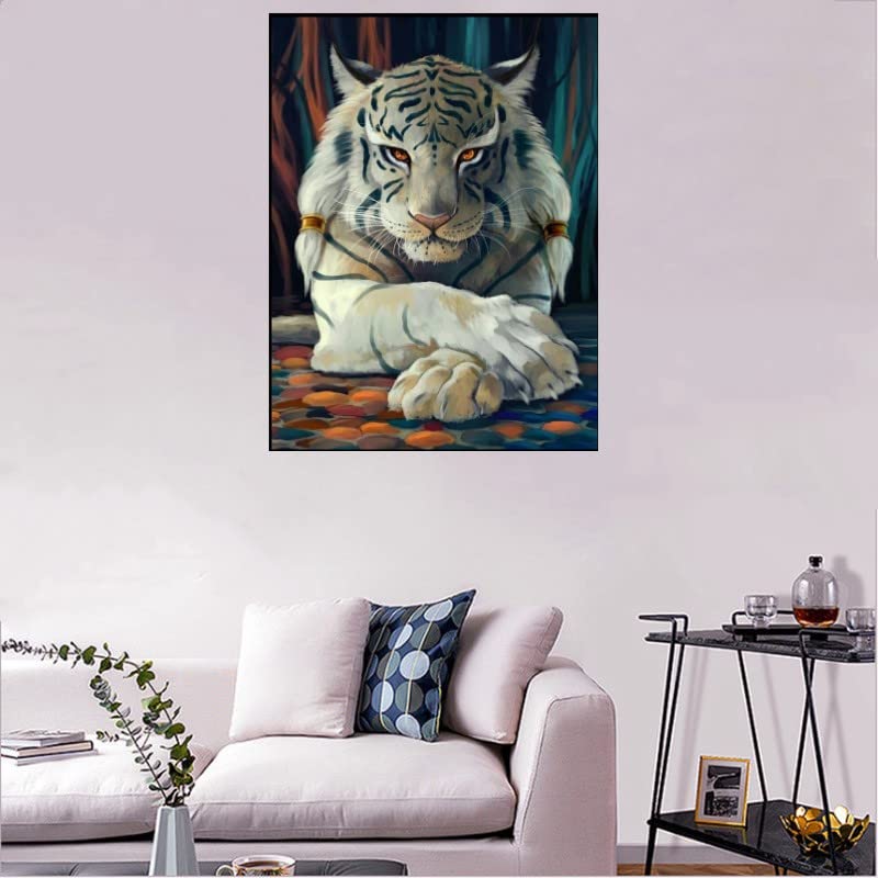 5D DIY Diamond Art Painting Kit Full Drill, Diamond Crystal Rhinestone Arts and Crafts Cross Stitch Embroidery Pictures Paintings by Numbers for Adults Kids Home Wall Decoration - White Tiger