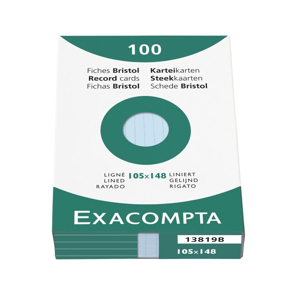 Exacompta - Ref 13819B - Bristol Lined Record Cards (Pack of 100) - A6 in Size, 205gsm Card, Compatible with Printers - Suitable for Exam Revision & Notes - Blue