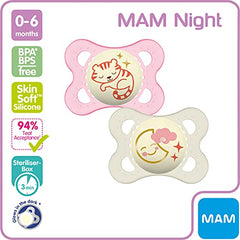 MAM Night Soothers 0-6 Months (Pack of 2), Glow in the Dark Baby Soothers with Self Sterilising Travel Case, Newborn Essentials, Pink/White, (Designs May Vary)