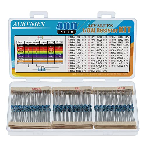 AUKENIEN 1/8W Resistors Assortment Kit 40 Values 400pcs 1/8 Watt Metal Film Fixed Resistor Pack 0 to 2.2M Ohm Common Industrial Electrical Assorted Resister Set RoHS Compliant with ±1% Tolerance