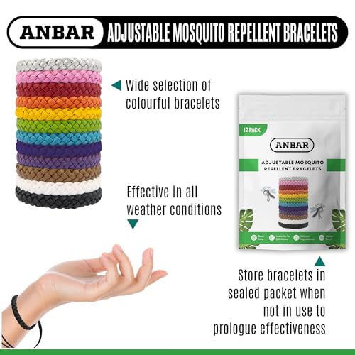 Anbar Leather Mosquito Repellent Bracelets for Adults and Kids, 12 Pack, Deet Free, All-Natural Anti-Mosquito, Tick, and Insect Essential Oils, 300-Hour Waterproof Outdoor Protection (Solid)