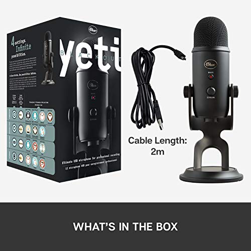 Logitech Blue Yeti USB Microphone for PC, Mac, Gaming, Recording, Streaming, Podcasting, Studio and Computer Condenser Mic with Blue VO!CE effects, 4 Pickup Patterns, Plug and Play – Black