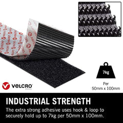 VELCRO Brand   Heavy Duty Stick On Tape   Cut-to-Length Industrial Extra Strong Double Sided Hook & Loop Self Adhesive Tape Perfect for Room Décor & Home, Office, Garage Use   Black   50mm x 2.5m