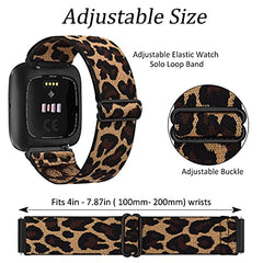 AMCC 2 Pack Straps Compatible with Fitbit Versa 2 Strap/Fitbit Versa Strap for Women/Men, Stretchy Adjustable Nylon Stylish Replacement Elastic Wristband for Fitbit Versa Lite (Black,Leopard)