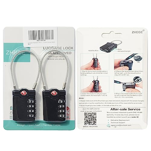 ZHEGE Luggage Locks TSA Approved, with Open Alert Indicator, Flexible Cable Travel Lock, White Code 4 Digit Combination Suitcase Padlock for Gym Locker (Black, 2 Pack)