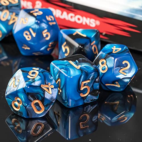 Cusdie 7Pcs/Set DND Dice Set D&D Polyhedral Dice for Dungeons and Dragons Role Playing Dice Games RPGs (Blue Mixed Black)