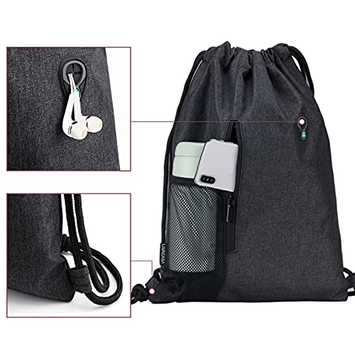 LIVACASA Gym Sack Drawstring Bag Sports Travel Drawstring Bag Water Repellency Mesh Pocket for Water Bottle Light Backpack Sack with Earphones Hole for Men Women Black