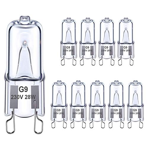 Ugvmn G9 Halogen Light Bulbs 28W, G9 Clear Capsule Bulb Warm White 2700K, G9 Oven Bulb No Strobe, G9 Bi-Pin Base No Flicker, Dimmable, AC 220-240V,10 Pack