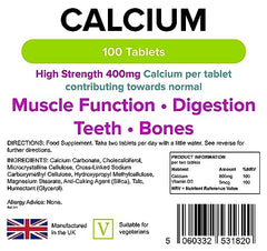 Lindens Calcium 400mg Tablets with Vitamin D3-100 Tablets - Contributes to Normal Muscle Function, Bones, Teeth and Digestion - 50 Days - UK Manufacturer, Letterbox Friendly