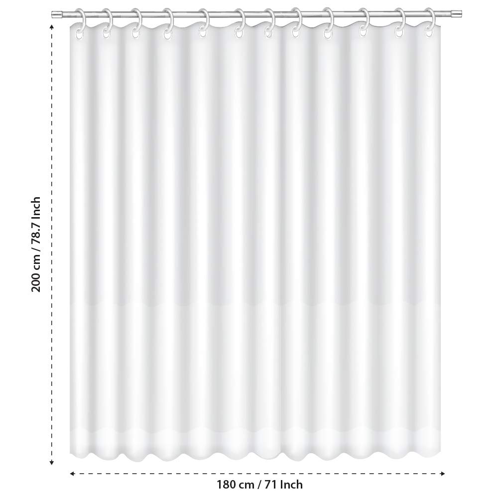 ANSIO Shower Curtain for Bathroom - Mould and Mildew Resistant - Solid White, 180 x 200 cm (71 x 71 Inch)   Water Repellant Fabric   100% Polyester