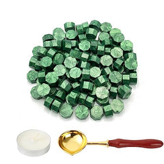 LICQIC Sealing Wax Beads Set, 100 Pcs Wax Seal Beads with 1 Pcs Tea Candles and 1 Pcs Wax Melting Spoon for Wax Stamp Sealing, Pine Green