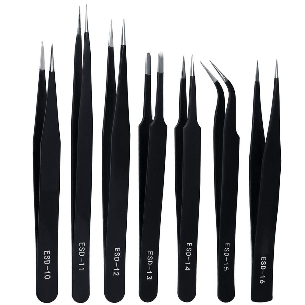 ZHIYE Precision ESD Anti-Static Tweezers, 7 pcs Stainless Steel Tweezers Set for Electronics, Jewelry-making, Laboratory Work, Repairing, Hobbies