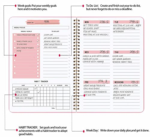 Weekly Planner Notebook, Undated A5 Planner Notebook Daily Planner To Do List Diary,Weekly Goals Planner with Habit Tracker 52 Weeks Planning for College Work Adhd Planner(Pink)