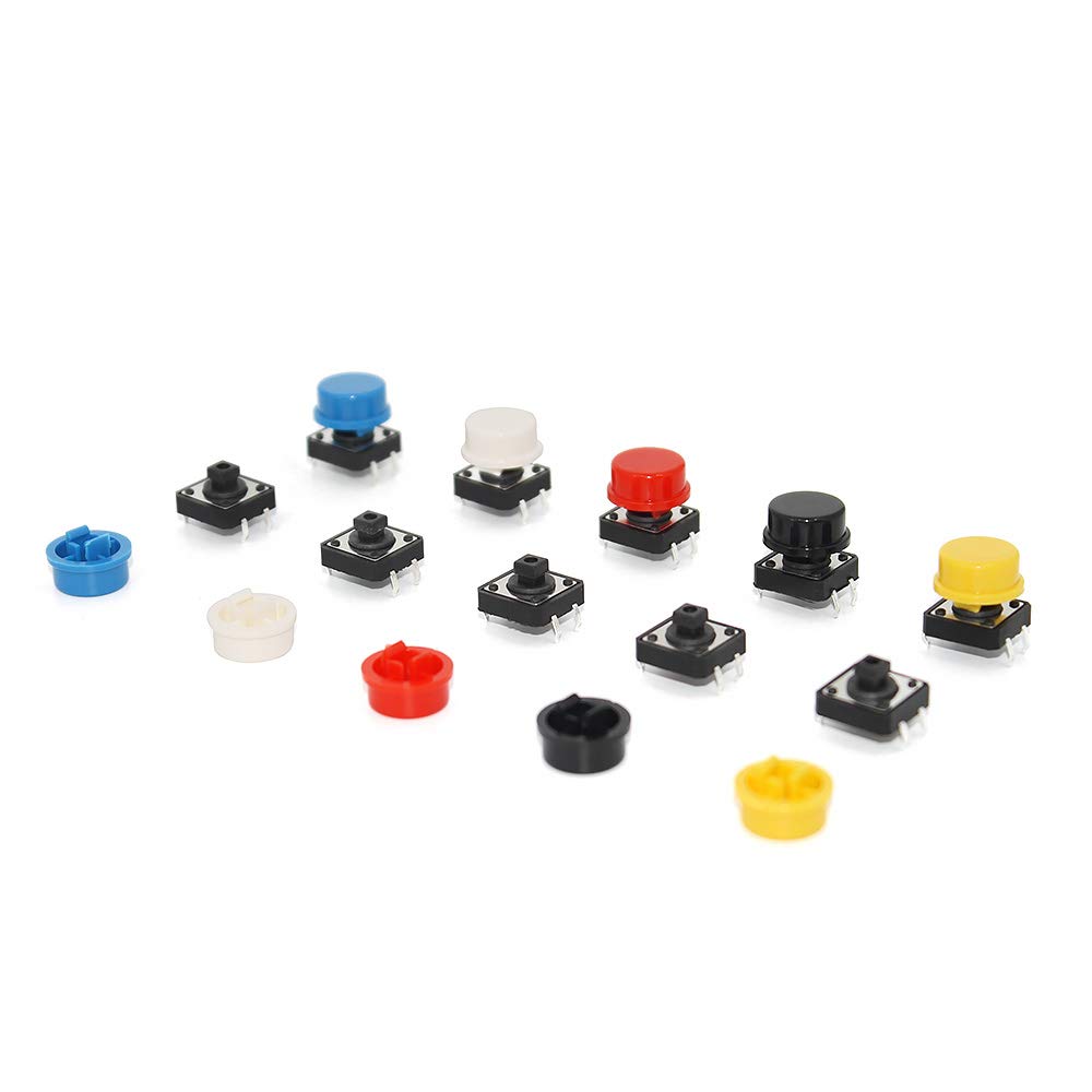 WOWOONE 25pcs 12x12x7.3 mm Tact Tactile Push Button Switch, 4 Pin Momentary SMD PCB Micro Switch with Cap for Arduino, AE1027 5 Colors Round Cap Assortment Kit DIY Project