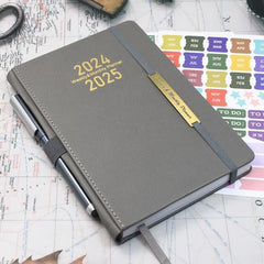 Diary 2024-2025 - 18 Month A5 Week to View Diary from Jan. 2024 to Jun.2025 Mid Year, Productivity Daily Planner，Weekly & Monthly Planner with Leather Cover,Sticker, Pen Loop, Inner Pocket (Grey)