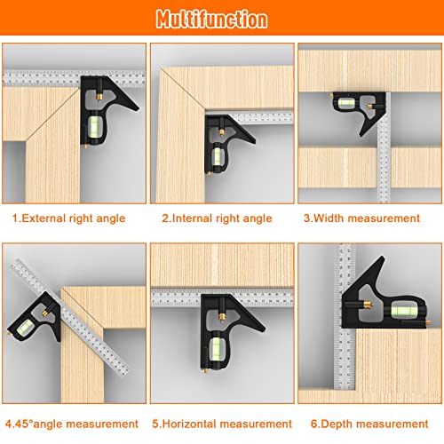 Combination Square, 12'/300mm Stainless Steel Combo Square Carpentry Tools, 45/90 Degree Ruler with Bubble Level for Accurate and Adjustable Woodworking Measurement.