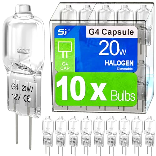 S&J G4 Halogen Light Bulbs 20W Clear Capsule 2 Pin Lamp Bulb Halogen Pin Base Warm White Dimmable 10 Pack (20 Watts)