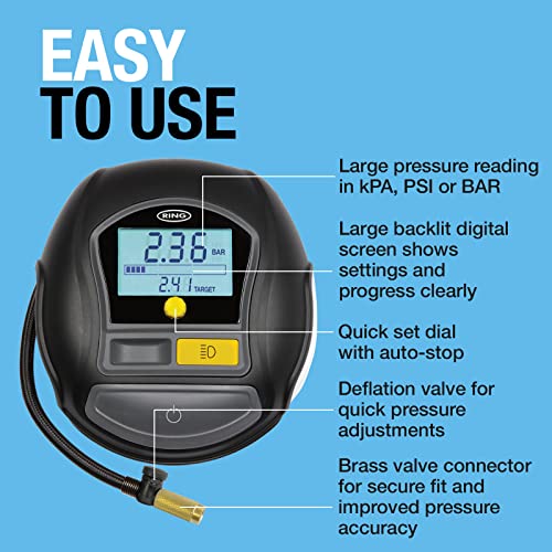 Ring Automotive - RTC1000 12V rapid tyre inflator air compressor car pump with preset digital pressure gauge, memory function, 2 min inflation, LED light, carry case, valve adaptor kit