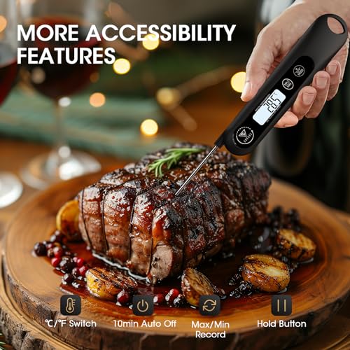 DOQAUS Meat Thermometers, 3S Instant Read Food Thermometer, Accurate Meat Thermometer Probe With Backlight, Foldable Long Probe & Auto On/Off, Cooking Thermometer for Kitchen, BBQ, Water, Milk(Black)