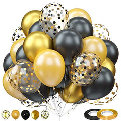 Balloons Gold Black, 60PCS Black Metallic Chrome Gold Pearly Gold Latex Balloons with Black Gold White Confetti Balloons, Black Gold Birthday Party Balloons Set for Wedding Baby Shower Decorations