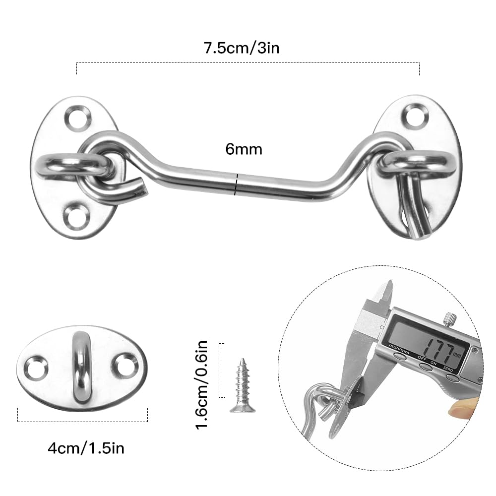 Hook and Eye Latch, Cabin Hook Gate Hook Lock Stainless Steel Heavy Duty Gate Latch with Screws, for Window, Garage, Garden, Door(3 Inch 2 pcs)