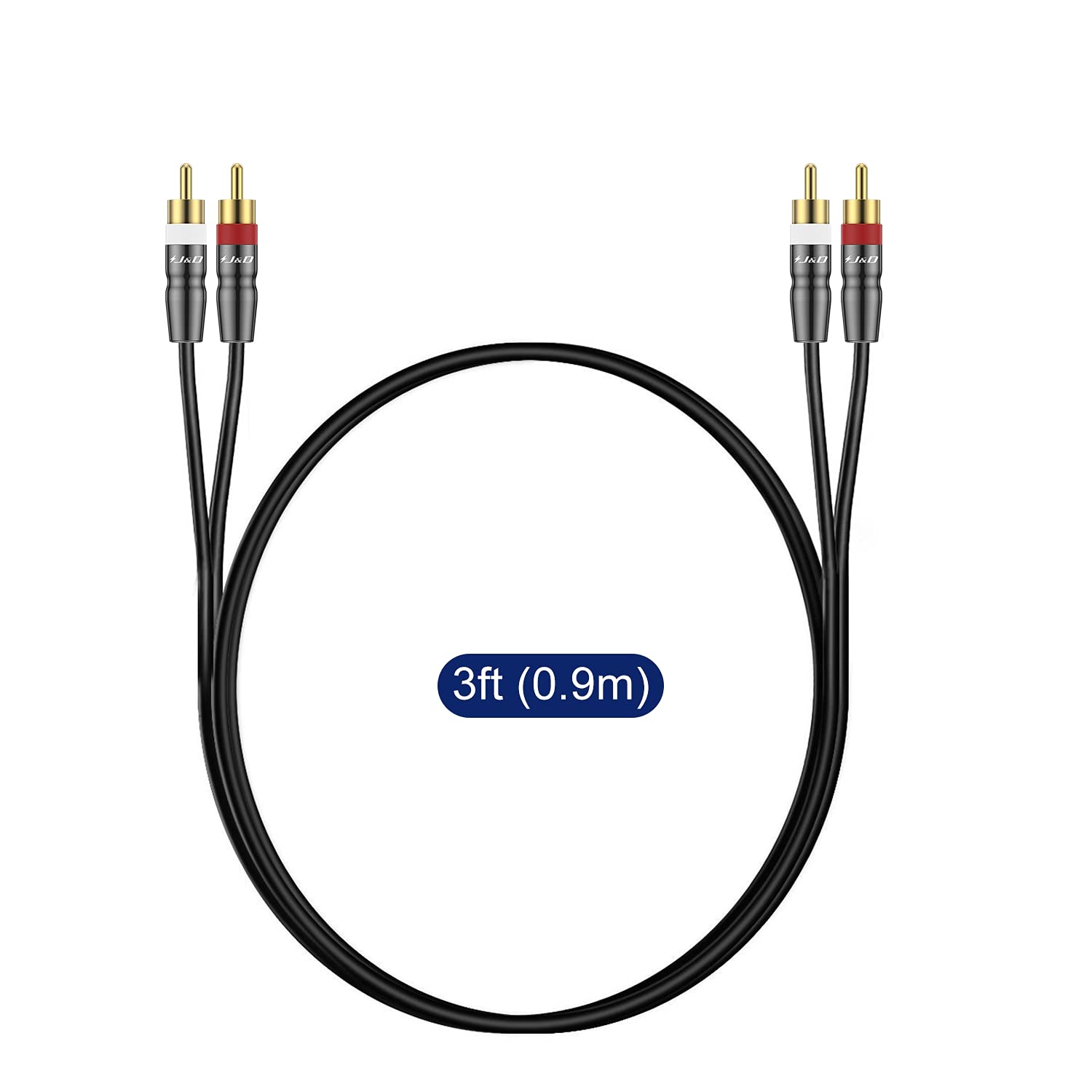 J&D 2 RCA to 2 RCA Cable, Copper Shell Gold-Plated 2RCA Male to 2RCA Male Cable Stereo Audio RCA Cable, 0.9 Meter