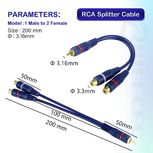 BRIEFCEC RCA Y Cable, 15cm RCA Splitter Cable AV Cable 1 Male to 2 Female RCA Extension Cable RCA to JACK for Subwoofer, Speaker, AMP, Turntable, Receiver, Home Theater(Y Cable, 2Pcs, Blue)